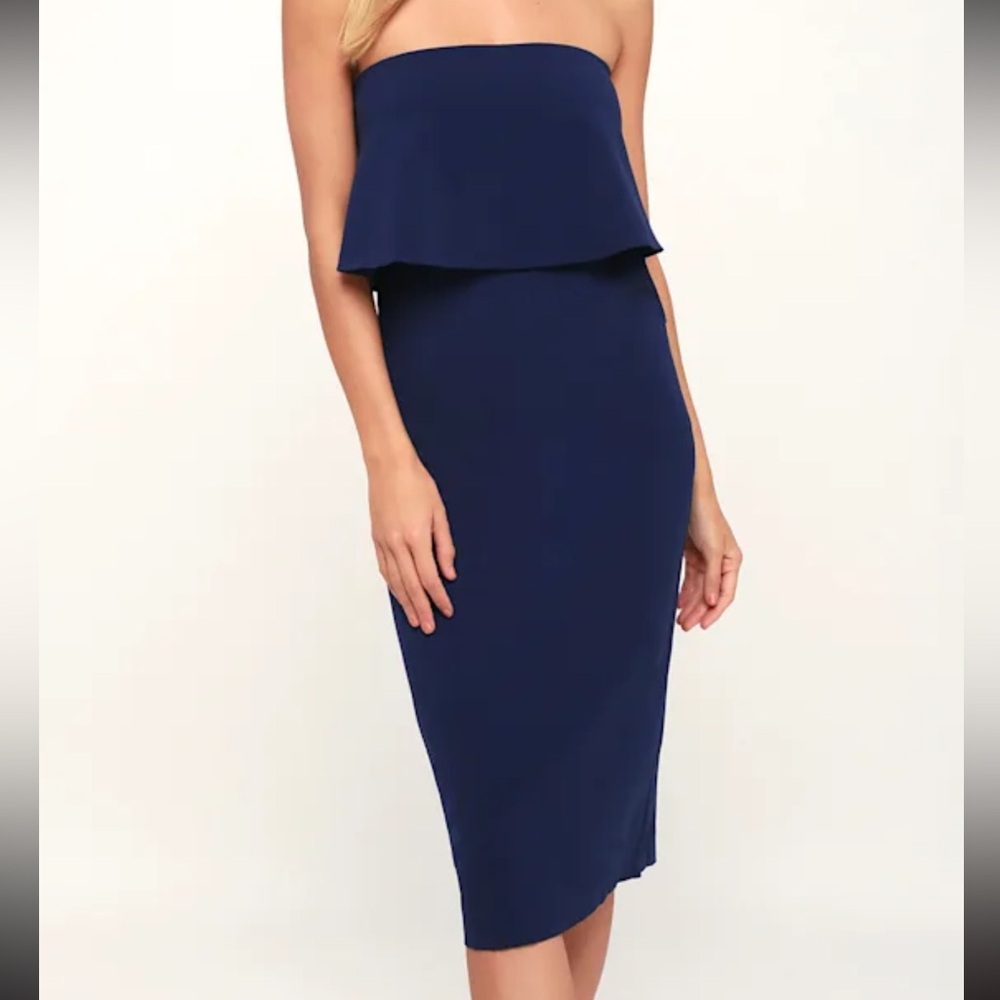 Lulu's Navy Strapless Flounce Midi Dress
